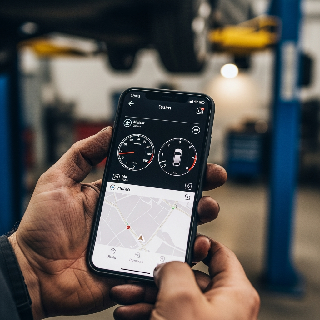 Mekaniker som bruker mobilen på verkstedet